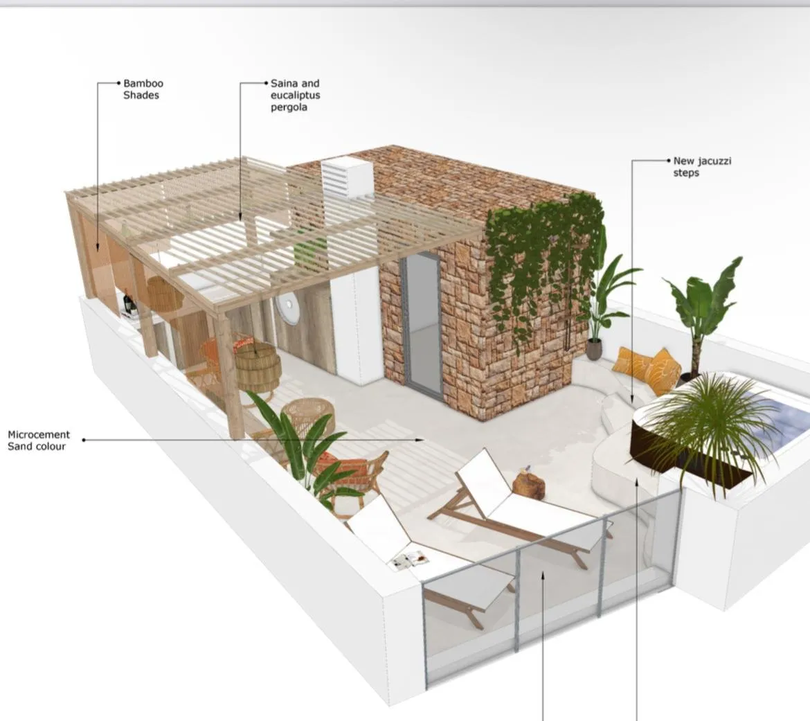 Propuesta — los materiales señalados sobre el mismo modelo: sombreado de bambú, una pérgola de sabina y eucalipto, microcemento color arena, escalones nuevos para el hidromasaje