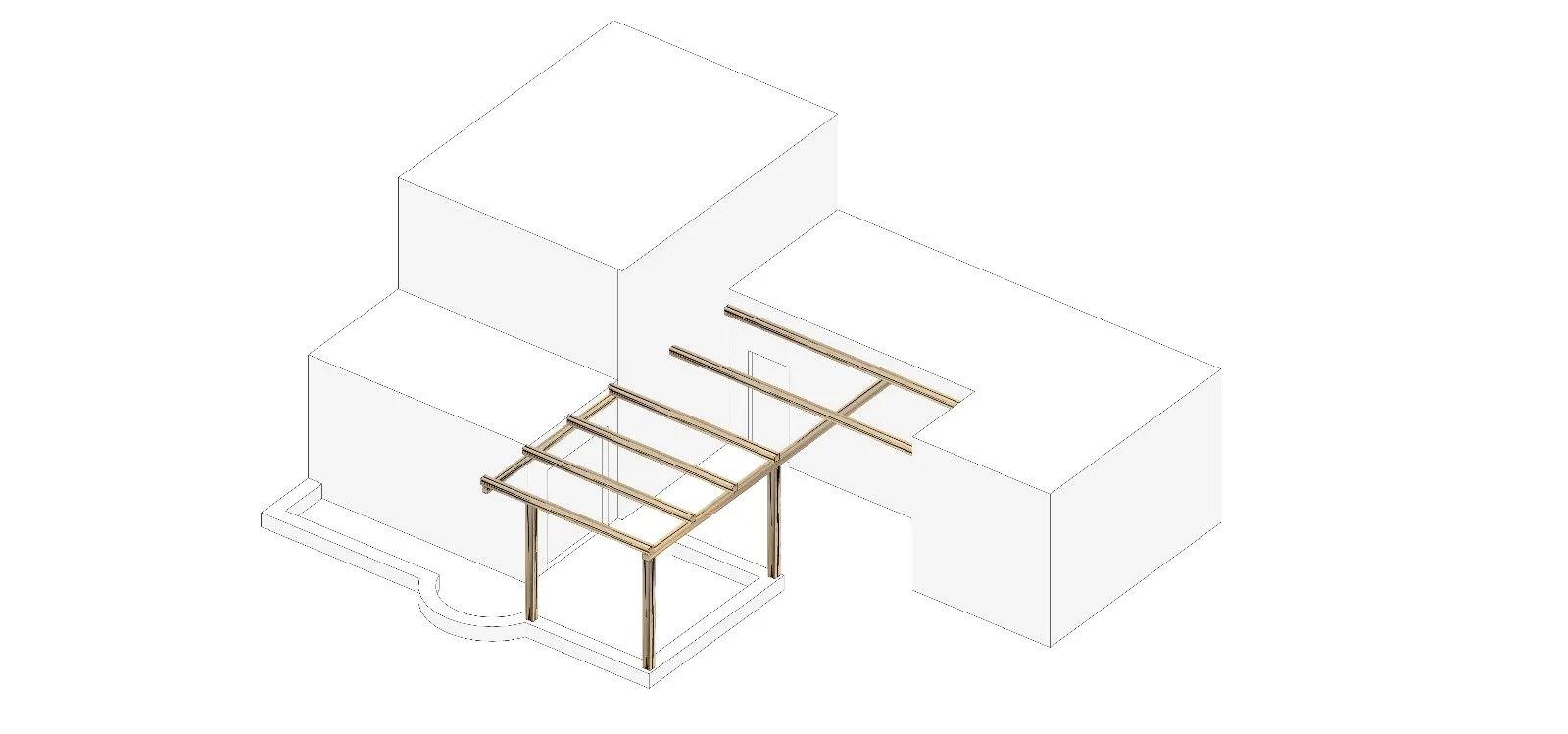 Propuesta — la pérgola como una estructura desnuda de vigas sobre el volumen del edificio, todavía sin materiales asignados