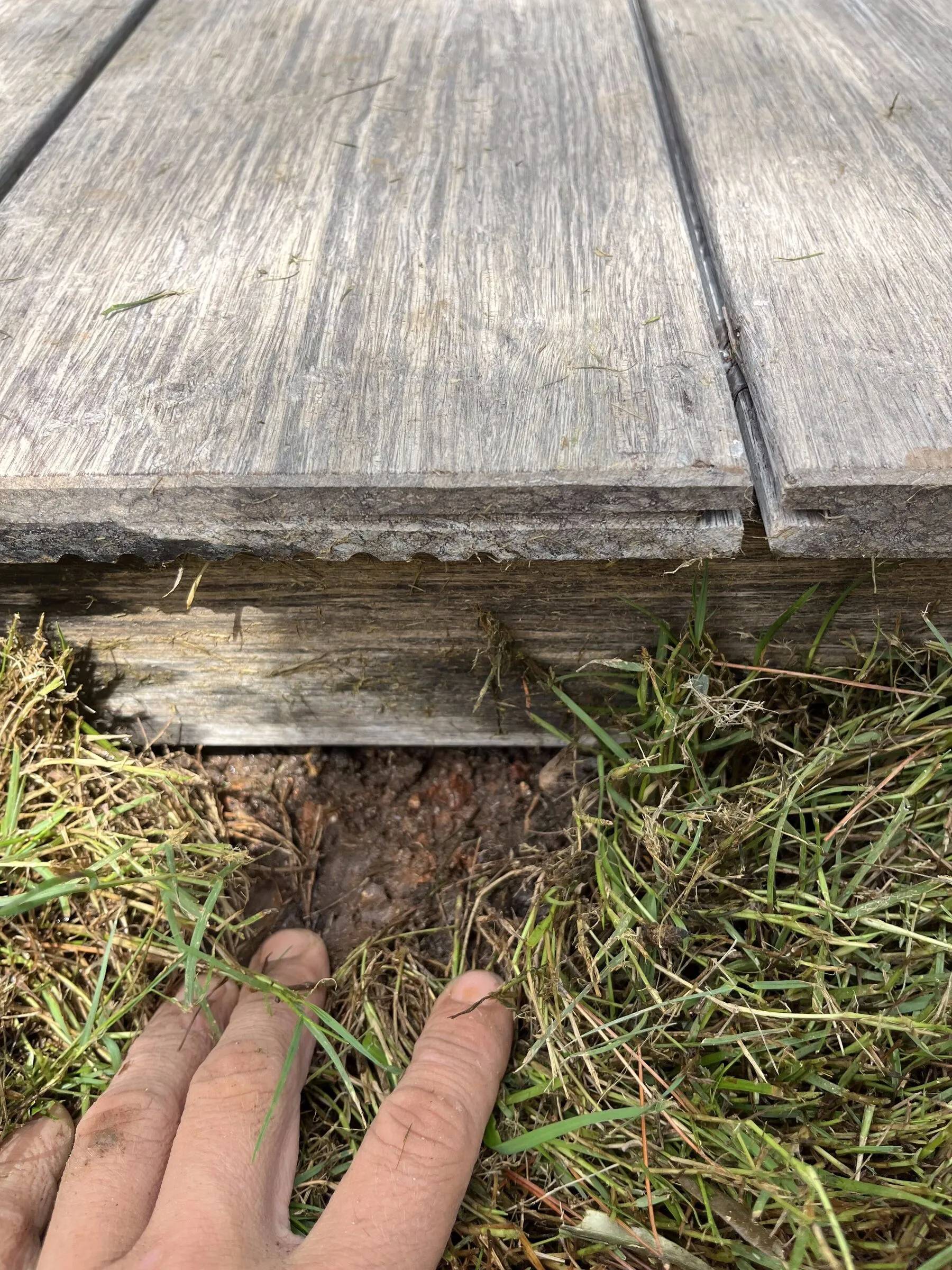 A hand reaching under decking boards to feel for a leak in wet ground