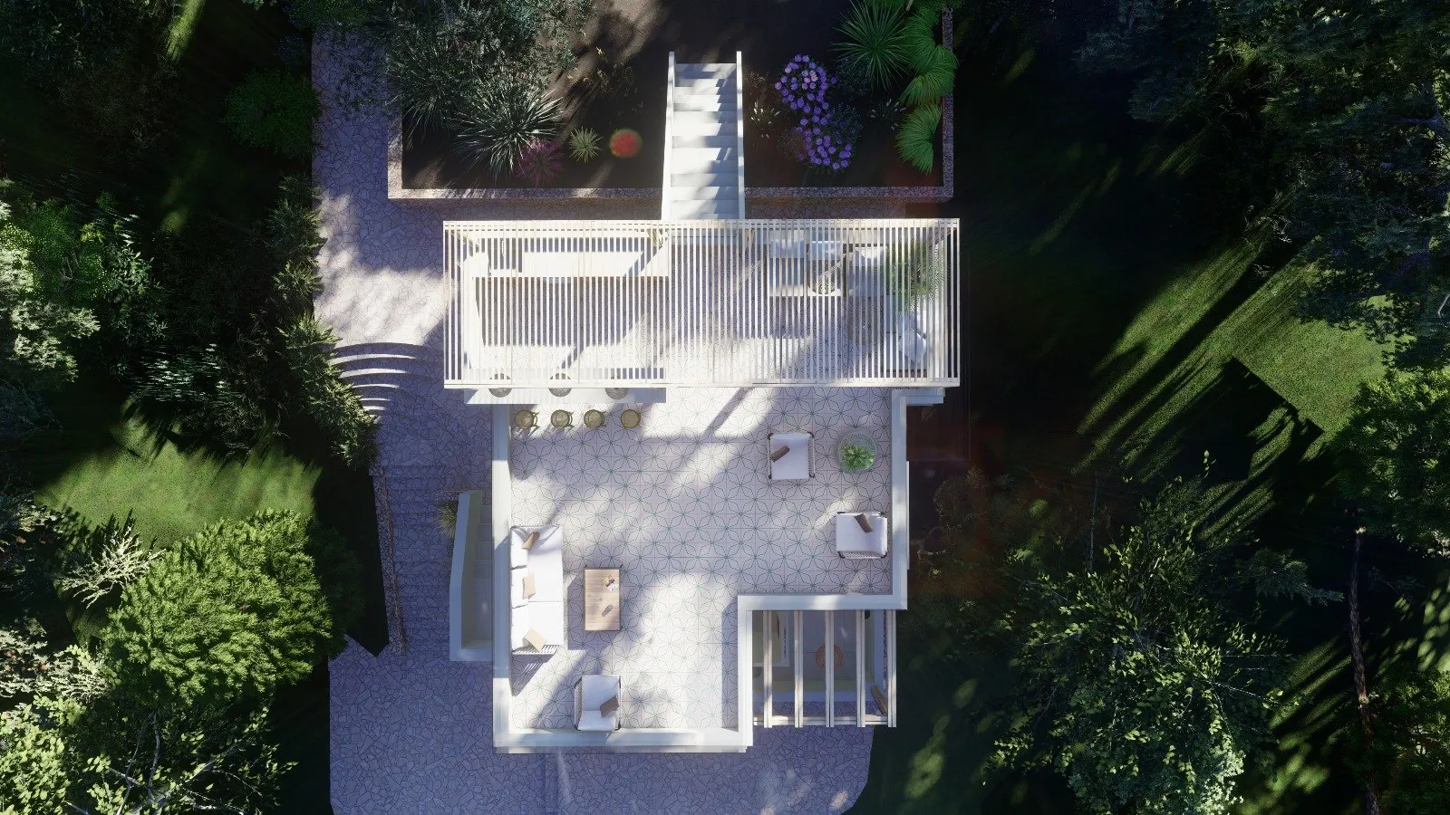 Propuesta — la terraza terminada vista desde arriba, con los muebles colocados, una vez decididos todos los materiales y las medidas