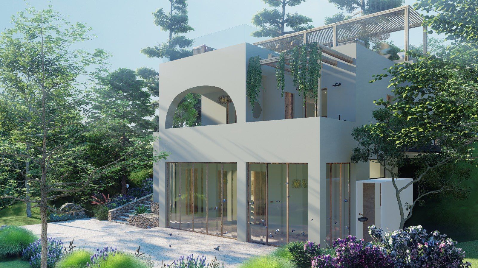 Propuesta — render del exterior de una villa con una pérgola en la terraza de cubierta y plantación integrada en el diseño, aún sin construir