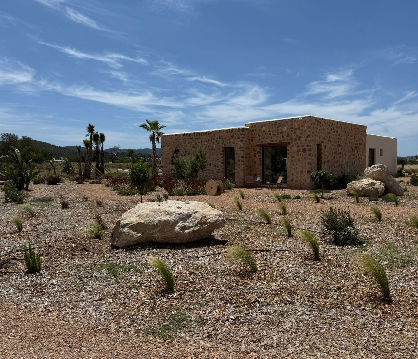 Un jardín recién plantado en una parcela abierta de Sant Antoni de Portmany: gramíneas en acolchado de astilla, rocas colocadas, palmeras jóvenes y campos de secano al fondo.