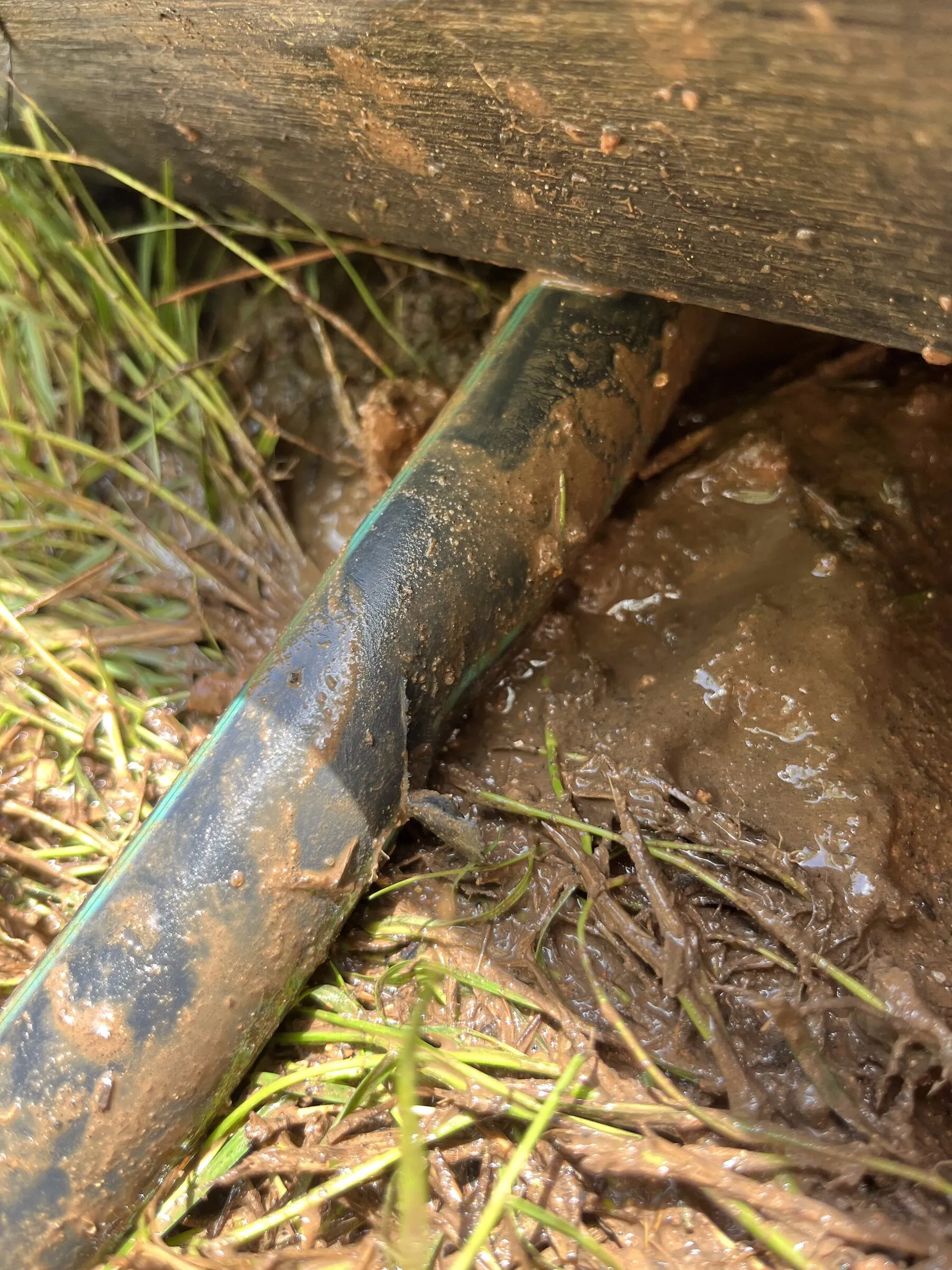 A split in the main irrigation line beneath decking boards